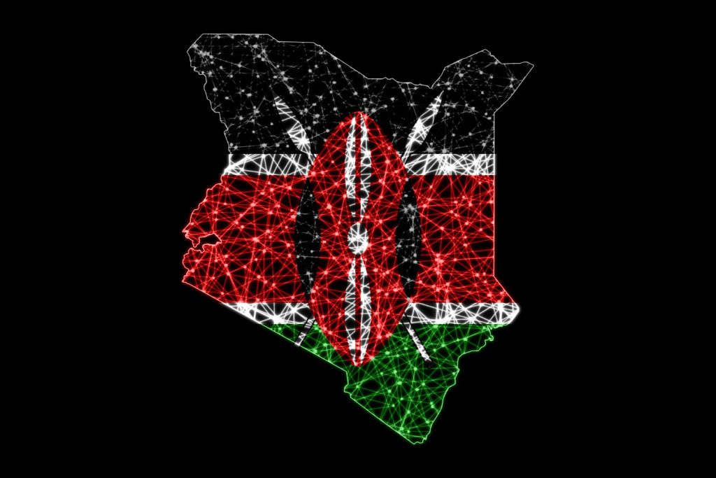 Polygonal mesh line map of Kenya with the Kenyan flag inside